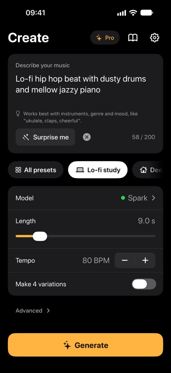 Create screen with a prompt, presets and the Generate button