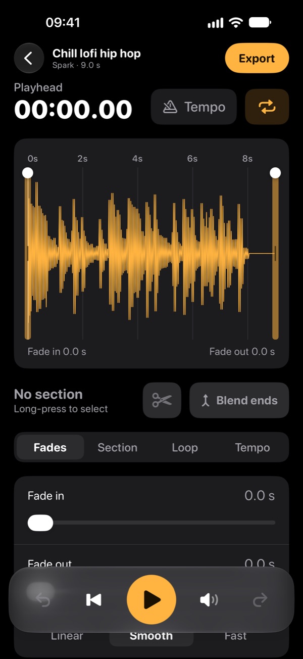 Editor with waveform, trim handles and fades