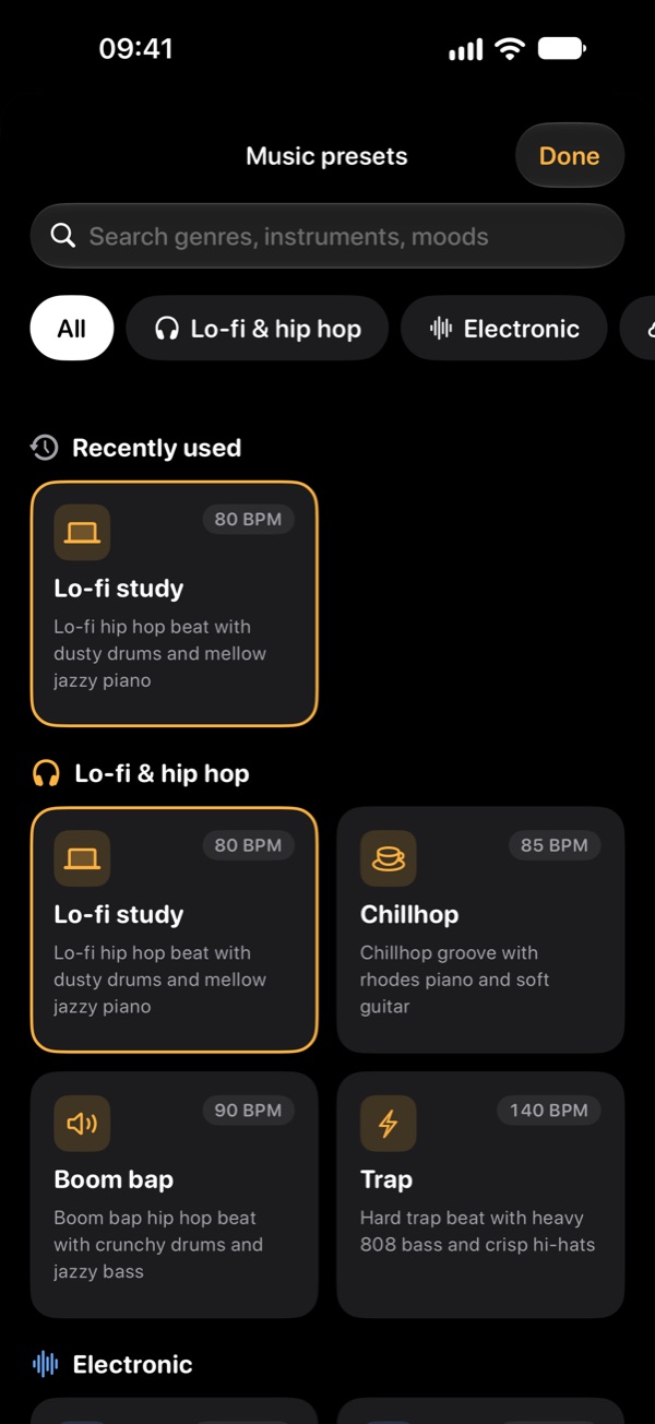 Preset browser with music styles grouped by genre